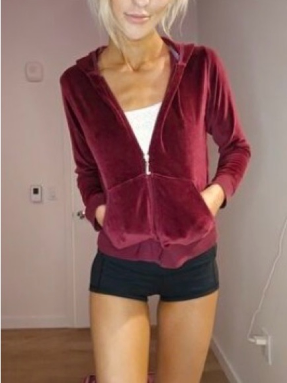 AUTHENTIC JUICY FOREVER 2002 Dark Burgundy Distressed Hooded Velour Jacket
